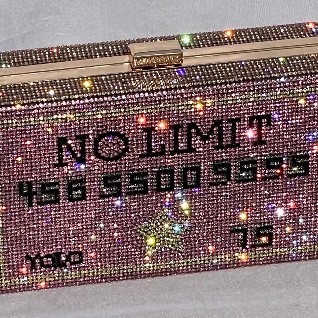 New J Black “No Limit…Yolo” Credit Card Rhinestone good Clutch with Chain Purse